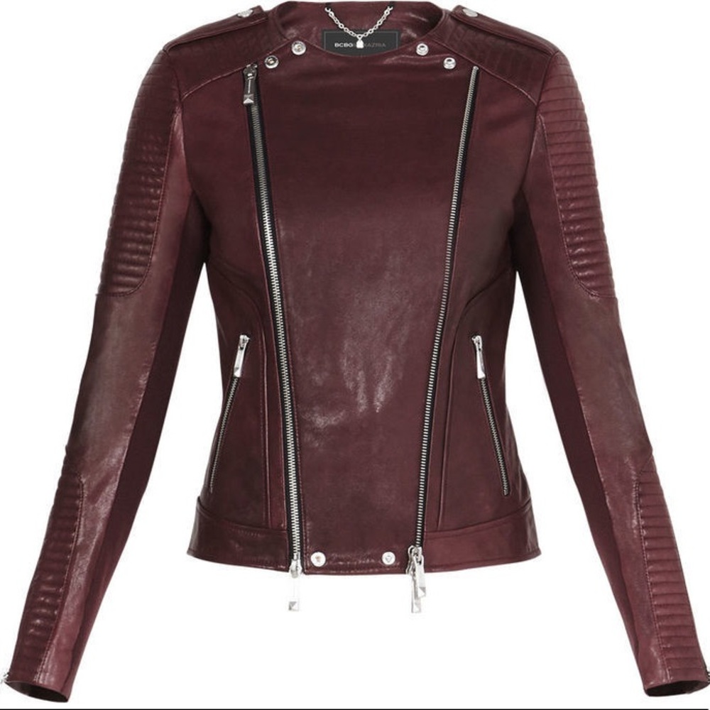 BCBGMaxazria Burgundy Blake Moto Leather Jacket XS